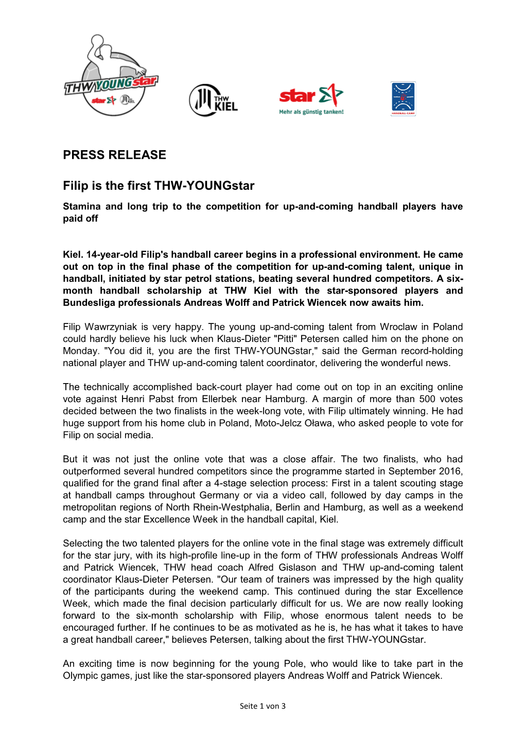 PRESS RELEASE Filip Is the First THW-Youngstar