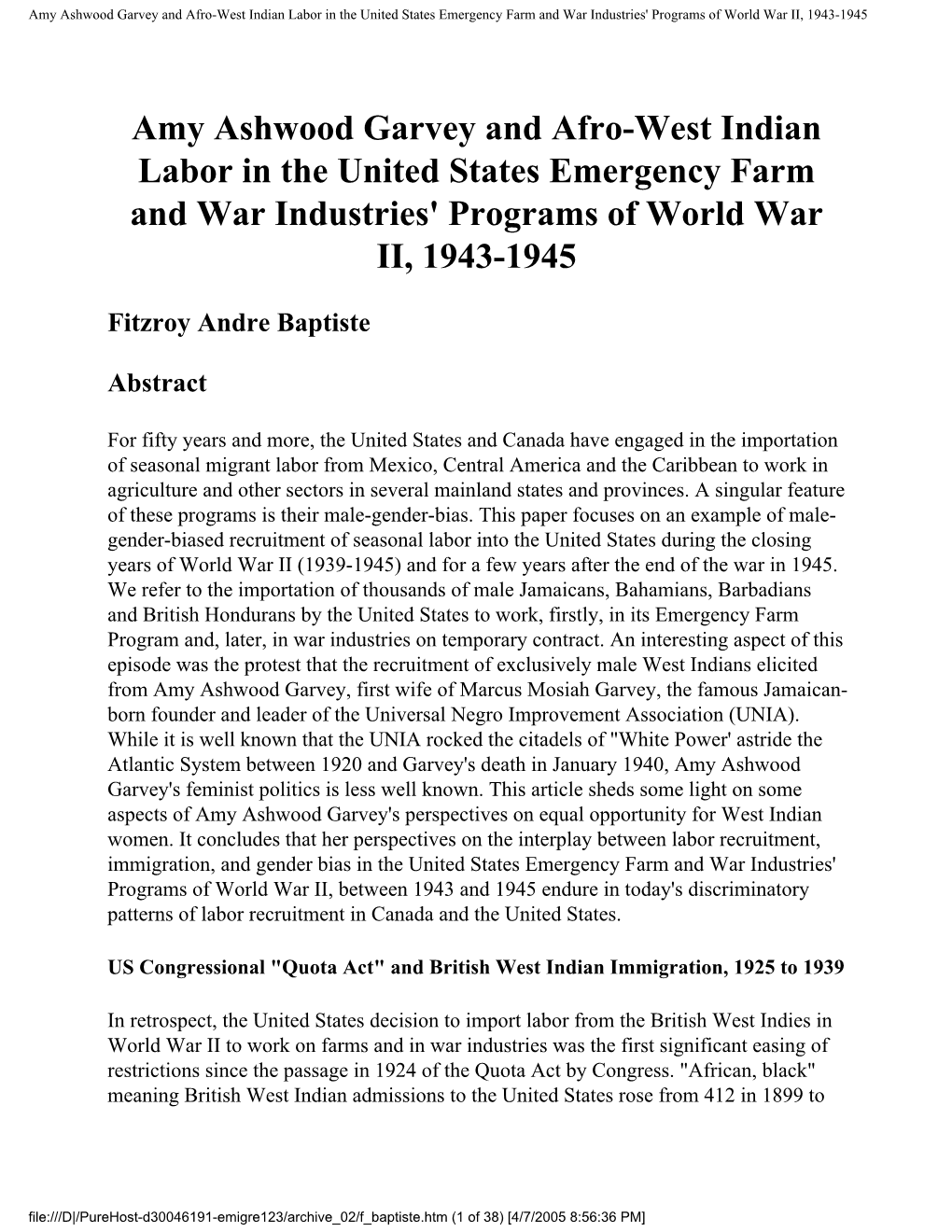 Amy Ashwood Garvey and Afro-West Indian Labor in the United States Emergency Farm and War Industries' Programs of World War II, 1943-1945