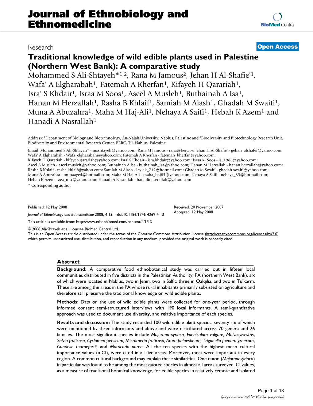 Traditional Knowledge of Wild Edible Plants Used in Palestine (Northern