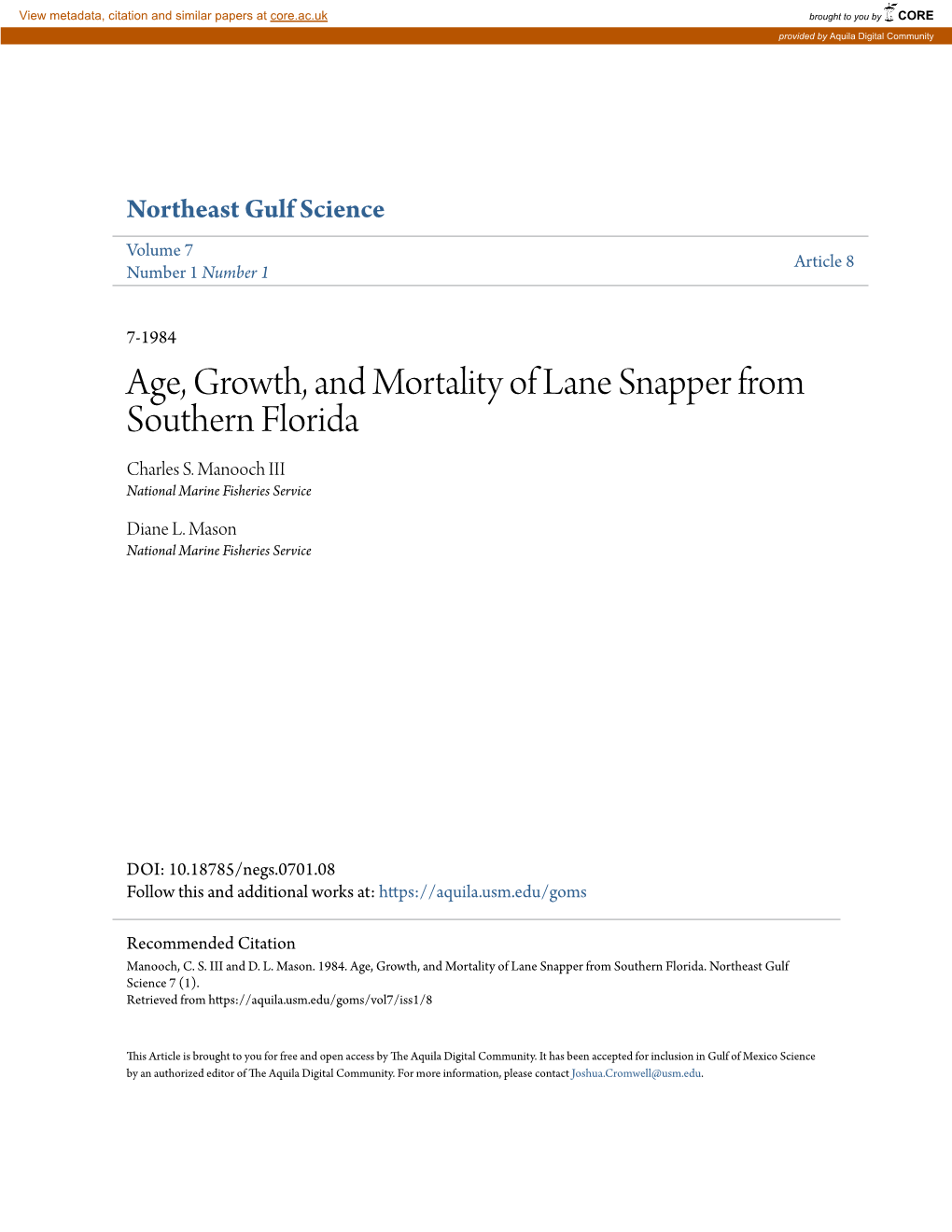 Age, Growth, and Mortality of Lane Snapper from Southern Florida Charles S