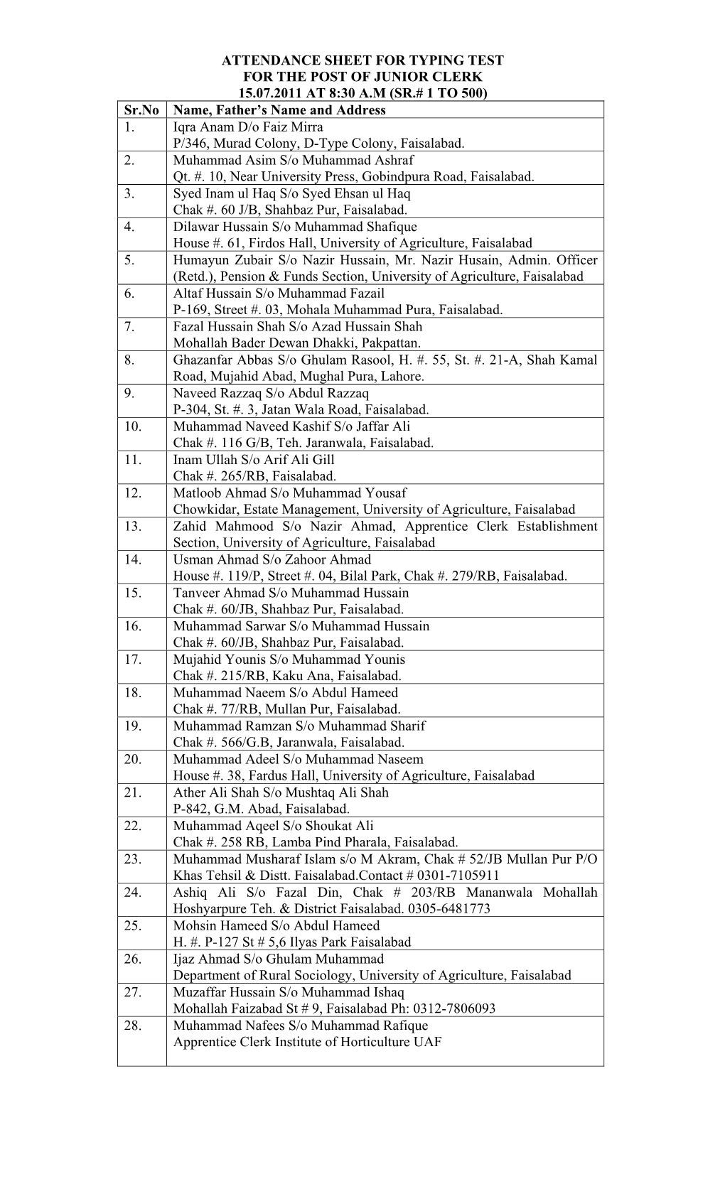 ATTENDANCE SHEET for TYPING TEST for the POST of JUNIOR CLERK 15.07.2011 at 8:30 A.M (SR.# 1 to 500) Sr.No Name, Father's Name