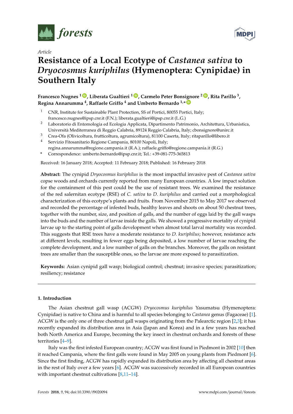 Resistance of a Local Ecotype of Castanea Sativa to Dryocosmus Kuriphilus (Hymenoptera: Cynipidae) in Southern Italy