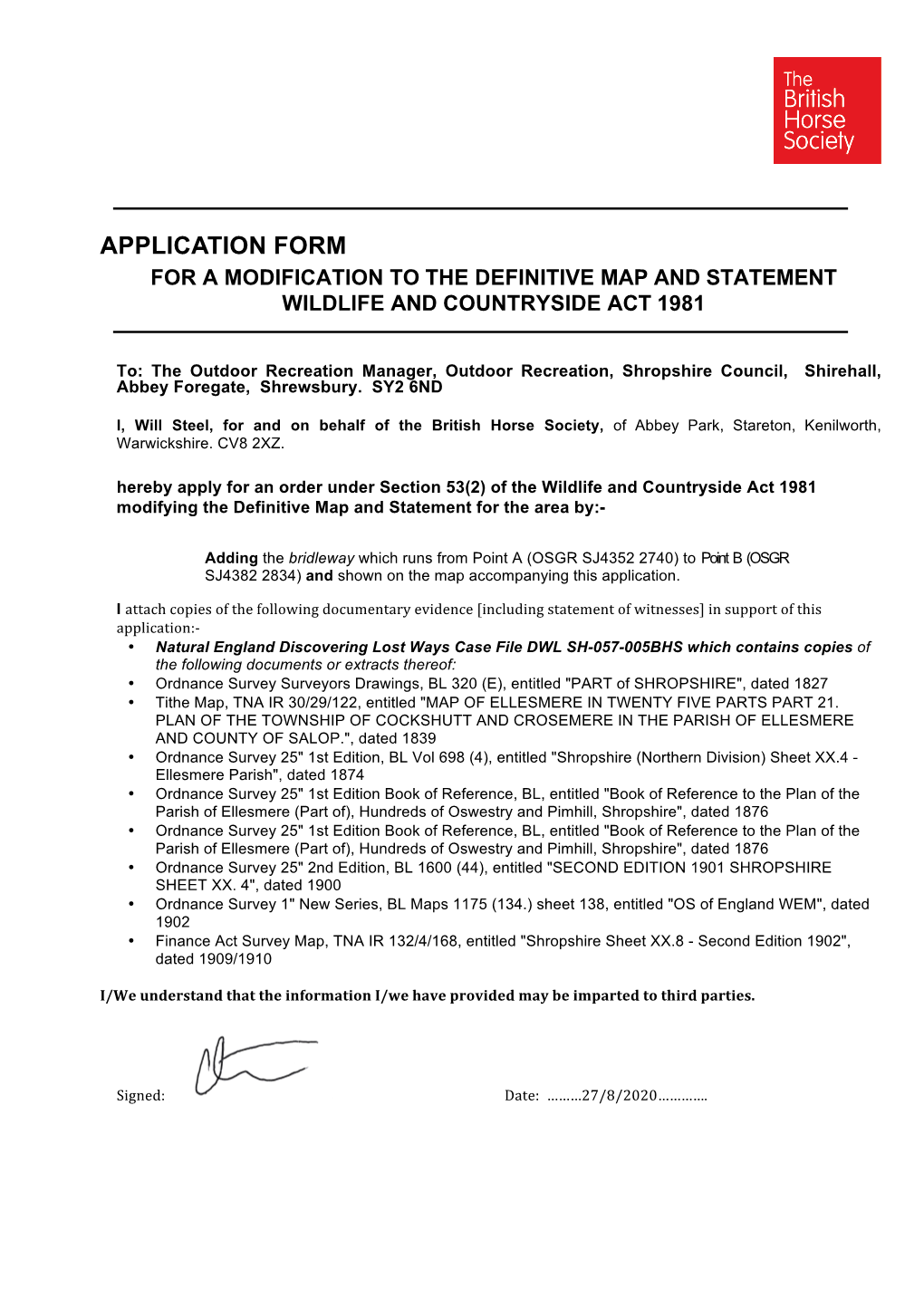 Application Form for a Modification to the Definitive Map and Statement Wildlife and Countryside Act 1981