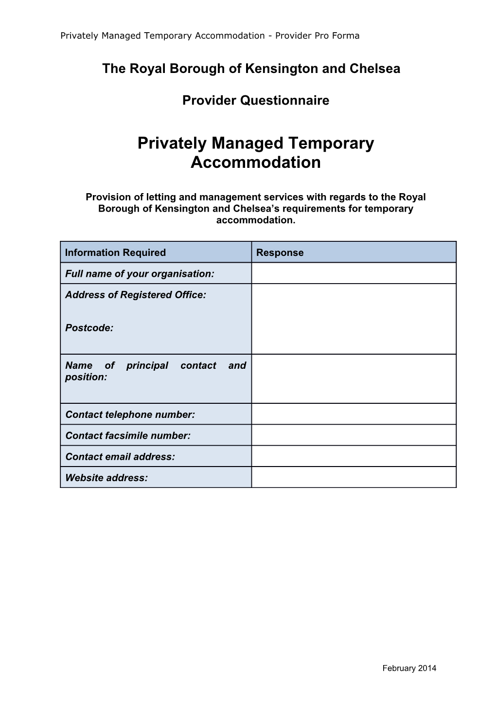 Privately Managed Temporary Accommodation Provider Questionnaire