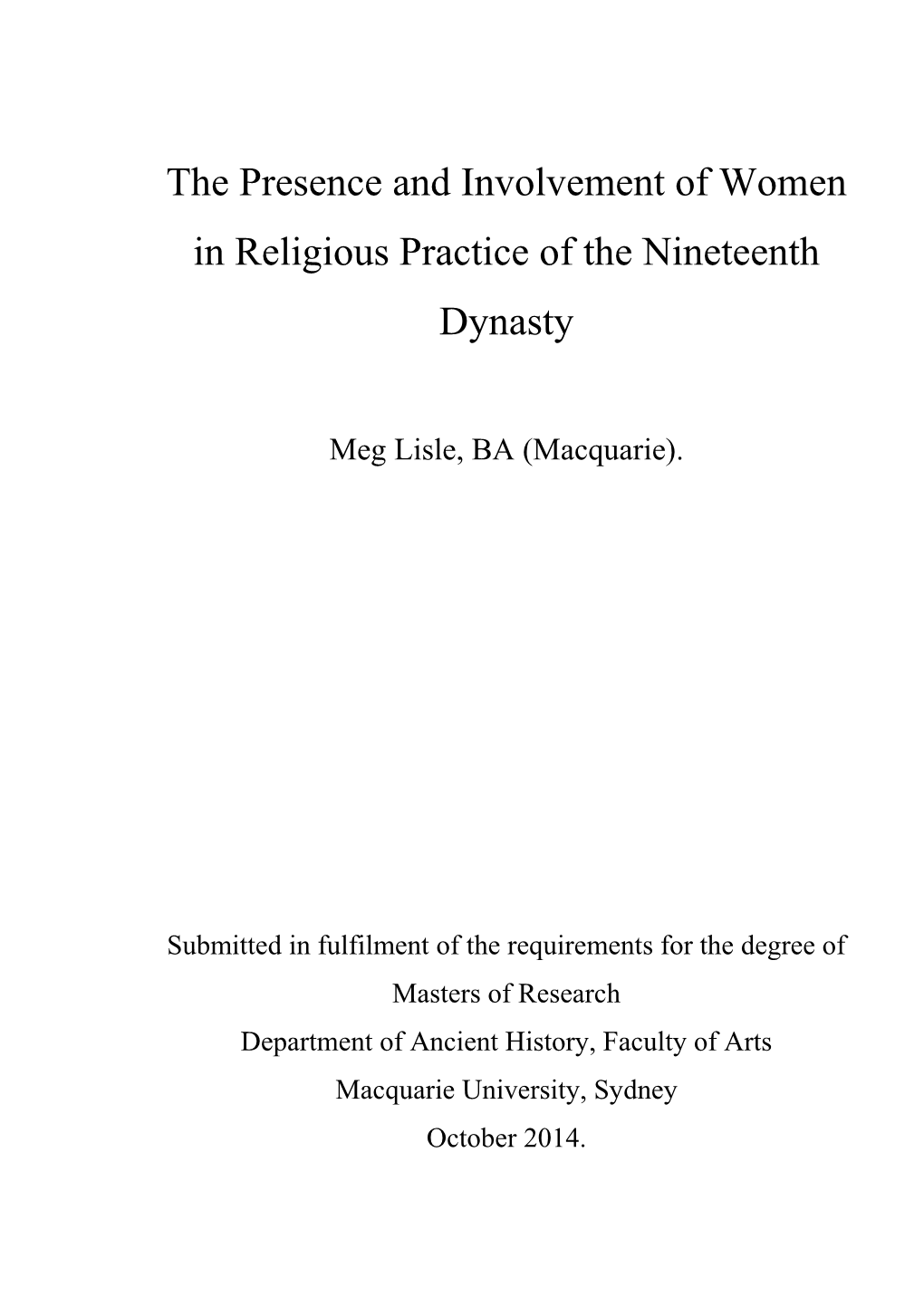 The Presence and Involvement of Women in Religious Practice of the Nineteenth Dynasty