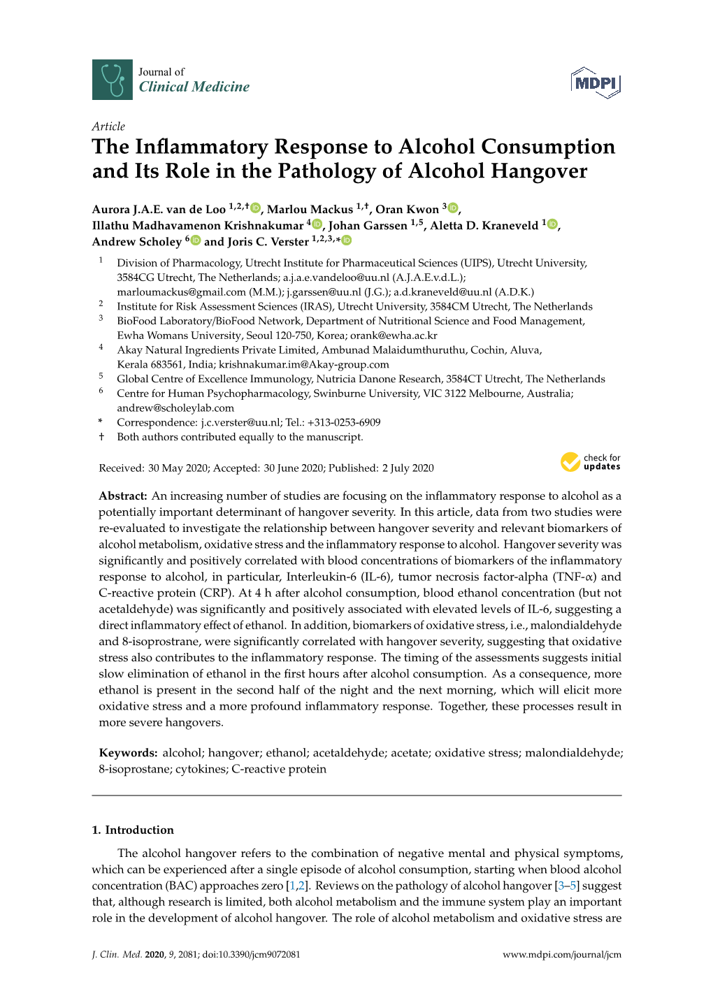 The Inflammatory Response to Alcohol Consumption and Its Role