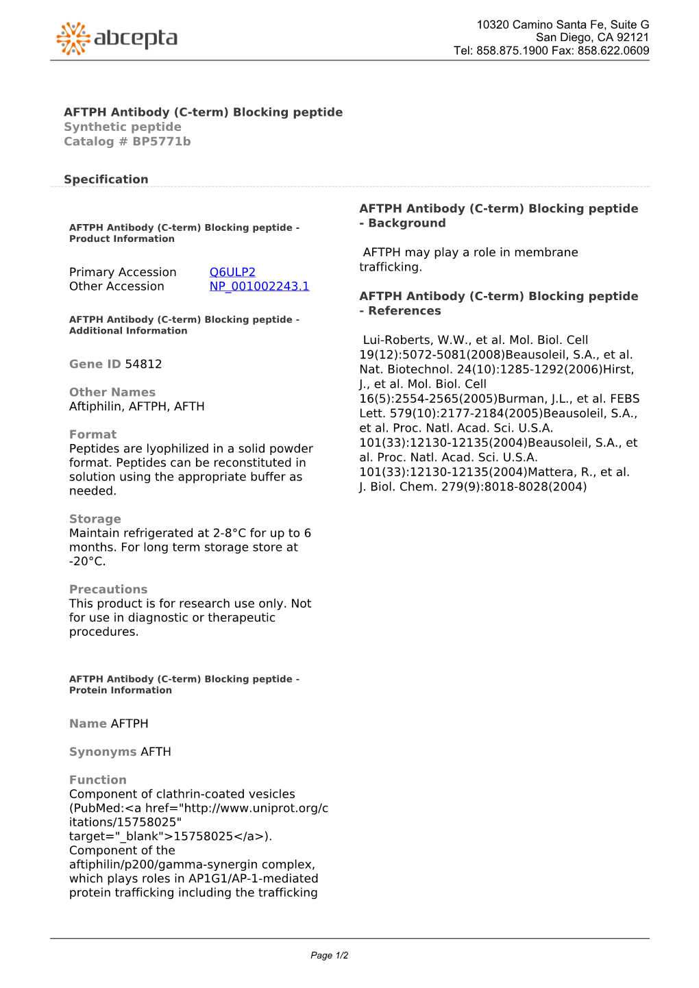 AFTPH Antibody (C-Term) Blocking Peptide Synthetic Peptide Catalog # Bp5771b