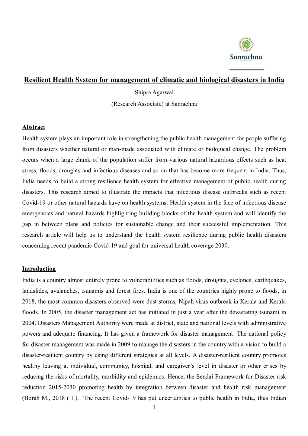 Resilient Health System for Management of Climatic and Biological Disasters in India Shipra Agarwal (Research Associate) at Sanrachna