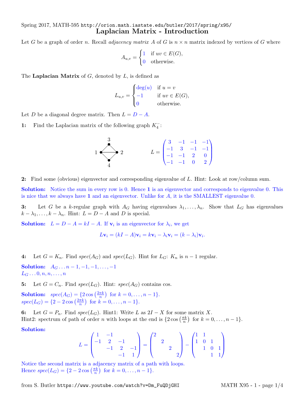 Laplacian Matrix - Introduction Let G Be a Graph of Order N