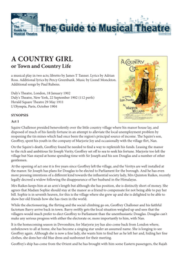 A COUNTRY GIRL Or Town and Country Life a Musical Play in Two Acts; Libretto by James T Tanner