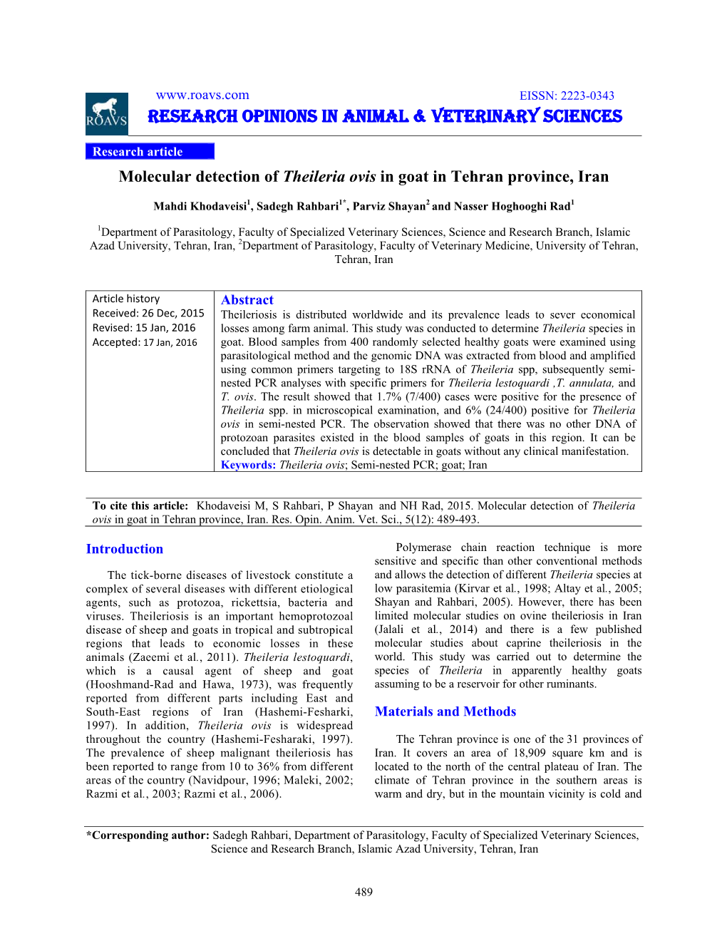 Research Opinions in Animal & Veterinary