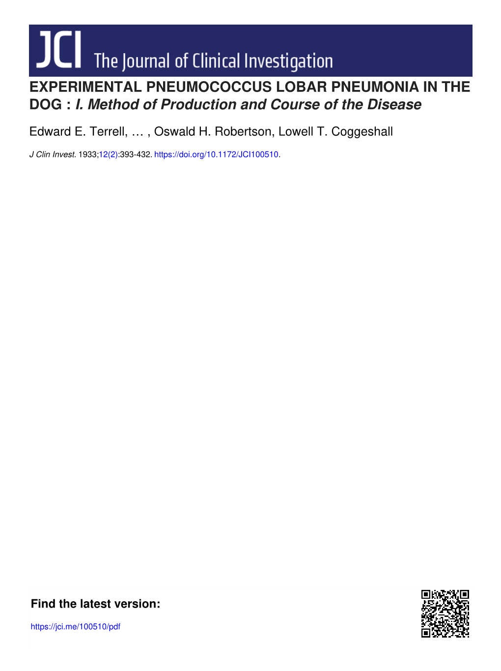 Experimental Pneumococcus Lobar Pneumonia in the Dog : I