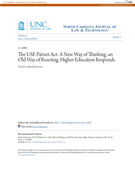 The USE Patriot Act: a New Way of Thinking, an Old Way of Reacting, Higher Education Responds, 5 N.C