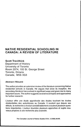 Native Residential Schooling in Canada: a Review of Literature