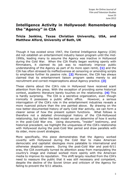 Intelligence Activity in Hollywood: Remembering the “Agency” in CIA