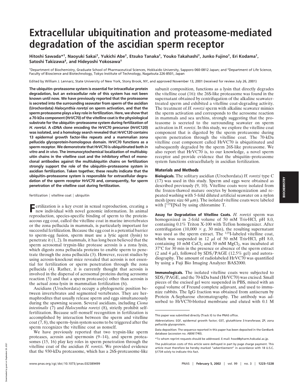 Extracellular Ubiquitination and Proteasome-Mediated Degradation of the Ascidian Sperm Receptor