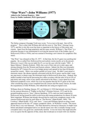 Star Wars”--John Williams (1977) Added to the National Registry: 2004 Essay by Emilio Audissino, Ph.D
