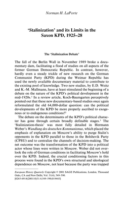 'Stalinization' and Its Limits in the Saxon KPD, 1925–28