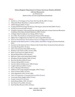 Intercollegiate Department of Asian American Studies (IDAAS) Library Resources As of 01/31/15 (Items in Blue Are New Acquisitions/Donations)