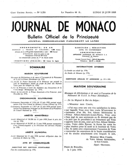 JOURNAL DE MONACO Bulletin Officiel De La Principauté JOURNAL HEBDOMADAIRE PARAISSANT LE LUNDI