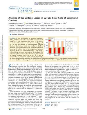 Analysis of the Voltage Losses in Cztsse Solar Cells of Varying Sn Content Mohammed Azzouzi,†,# Antonio Cabas-Vidani,‡,# Stefan G
