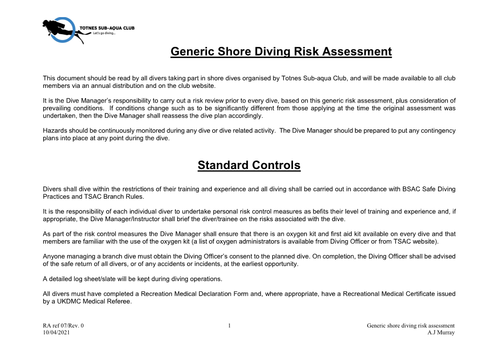 Generic Shore Diving Risk Assessment Standard Controls