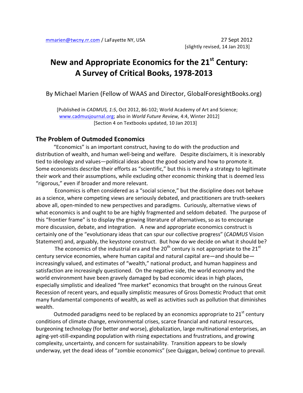 New and Appropriate Economics for the 21St Century