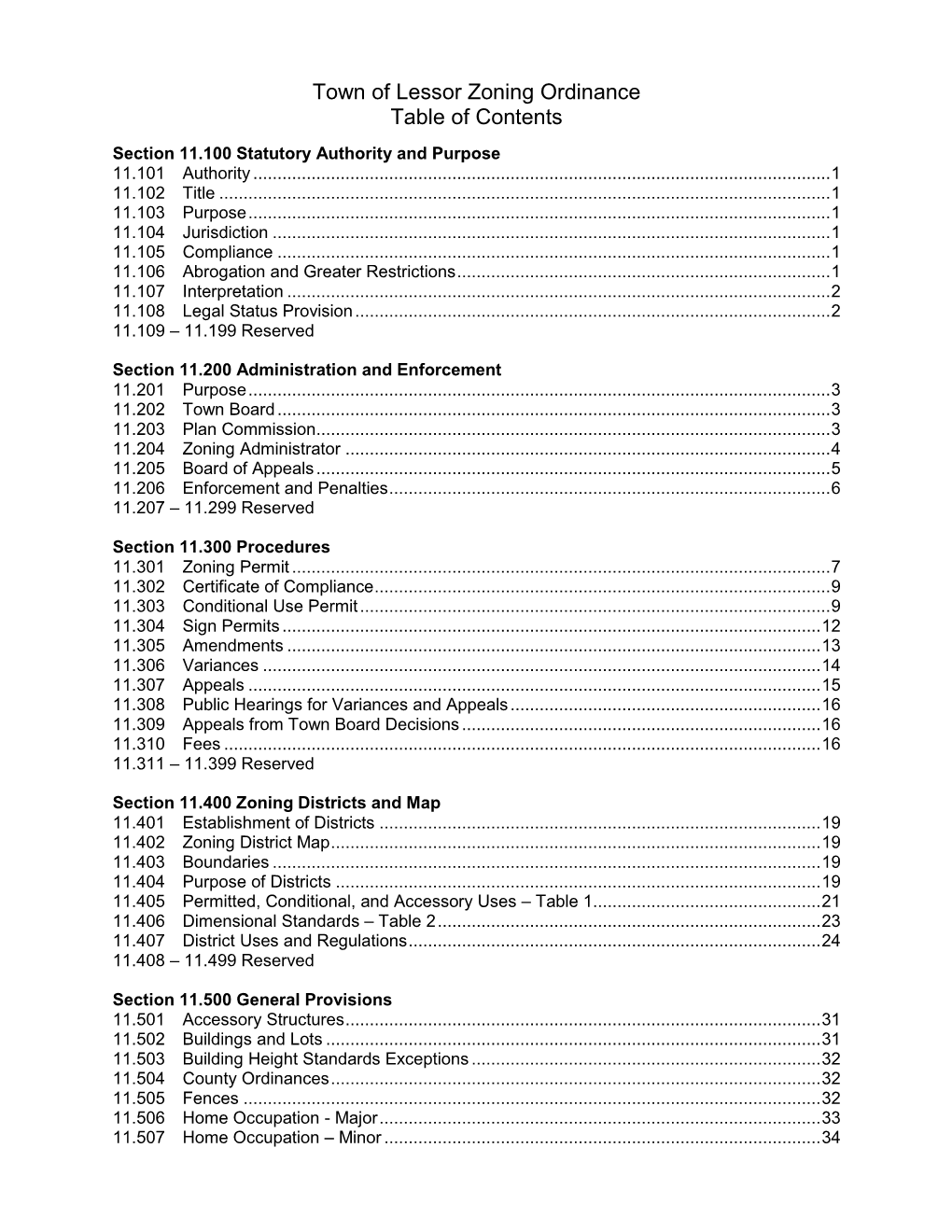Town of Lessor Zoning Ordinance Table of Contents