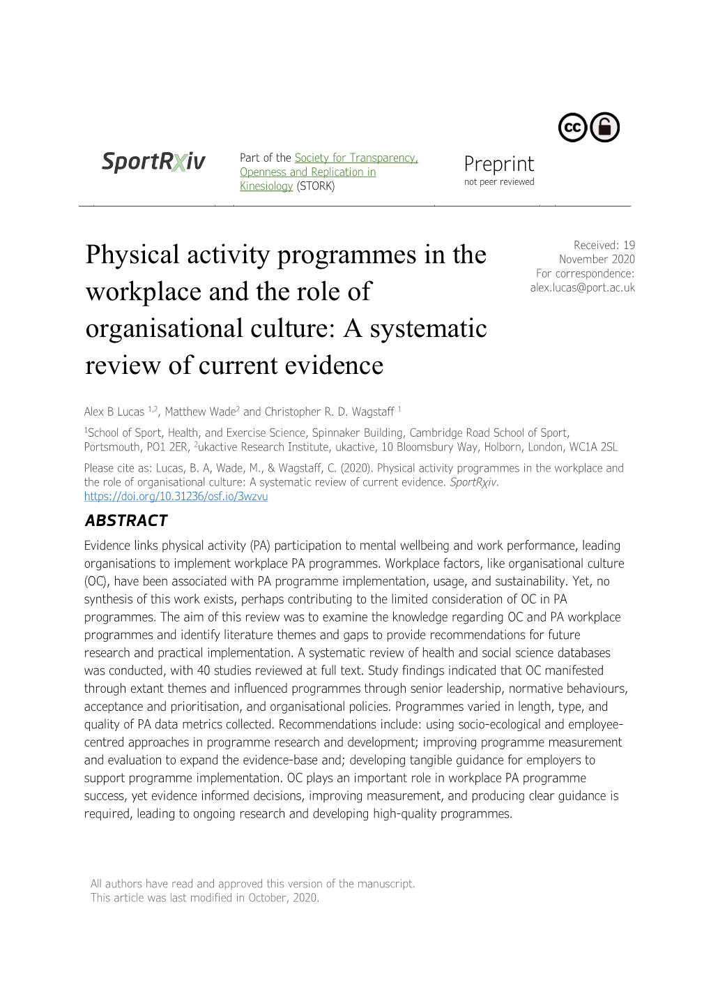 Physical Activity Programmes in the Workplace and the Role of Organisational Culture: a Systematic Review of Current Evidence