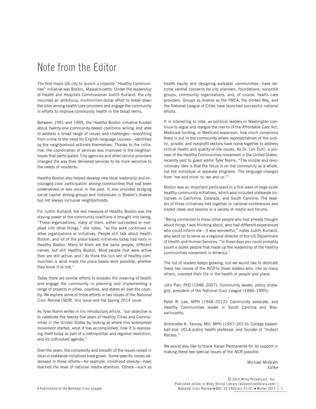 Note from the Editor