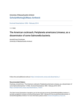 The American Cockroach, Periplaneta Americana Linnaeus, As a Disseminator of Some Salmonella Bacteria