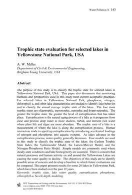 Trophic State Evaluation for Selected Lakes in Yellowstone National Park, USA