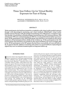 Three-Year Follow-Up for Virtual Reality Exposure for Fear of Flying