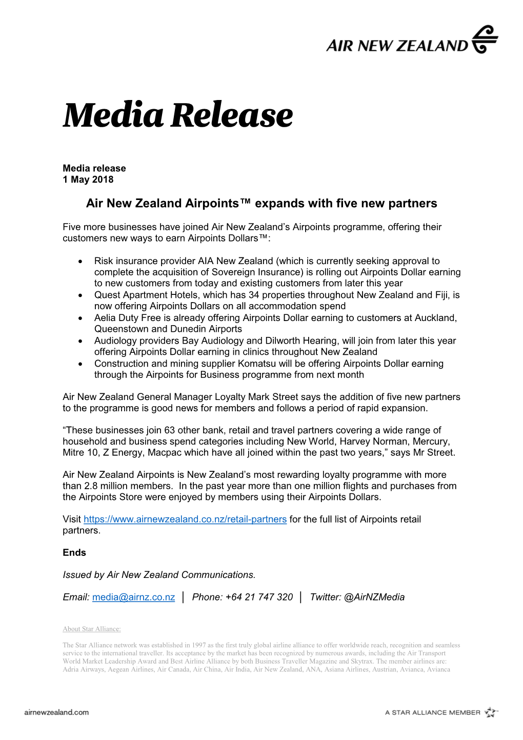 Air New Zealand Airpoints™ Expands with Five New Partners