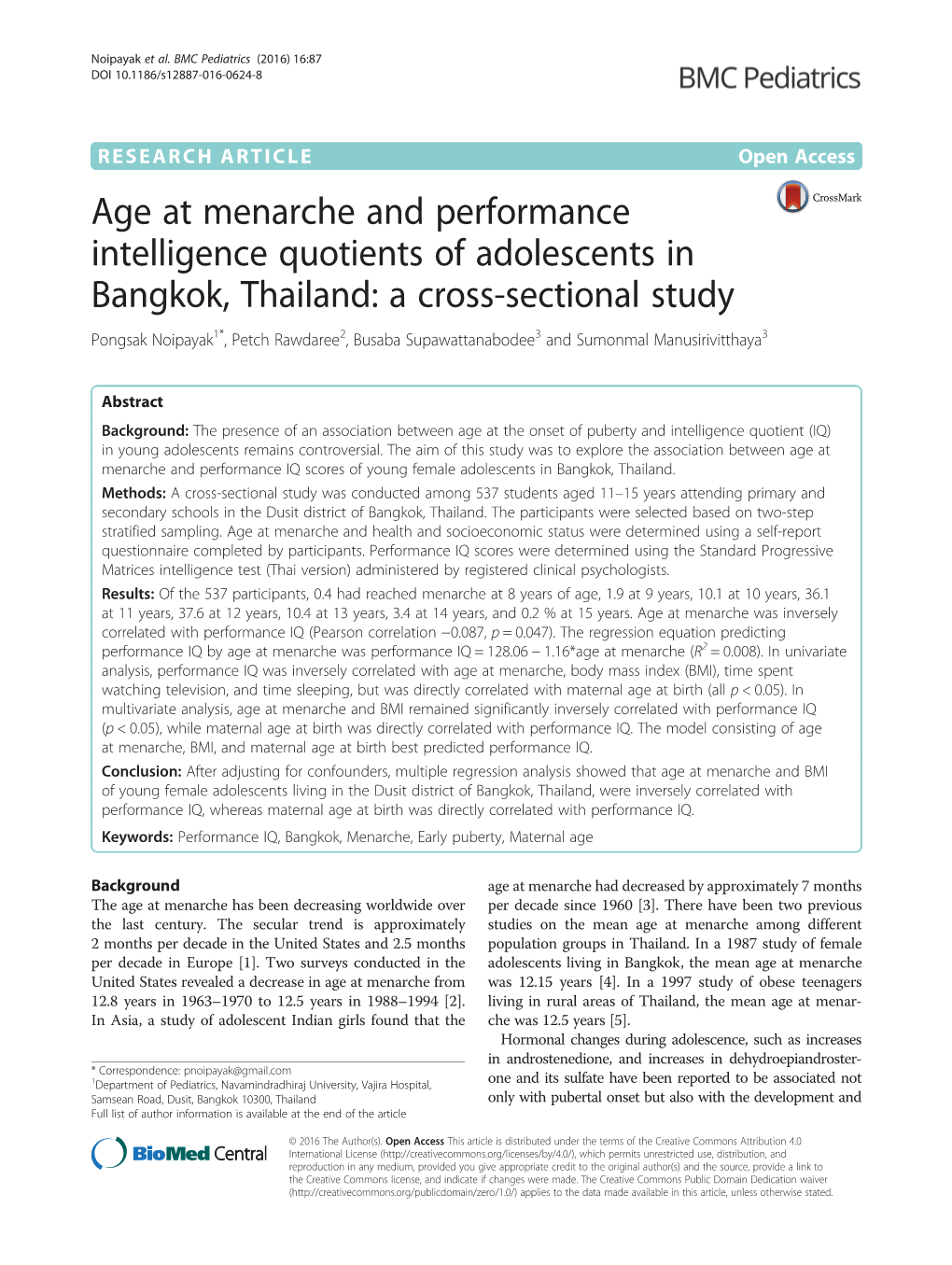 Age at Menarche and Performance Intelligence Quotients Of