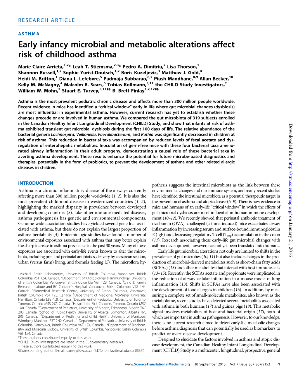 Early Infancy Microbial and Metabolic Alterations Affect Risk of Childhood Asthma