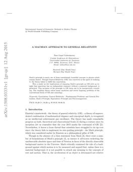 A Machian Approach to General Relativity 3 Most Successful Theory of Gravitation, One Always Aspires If GR Could Incorporate the Tantalizingly Lofty Ideas of Mach