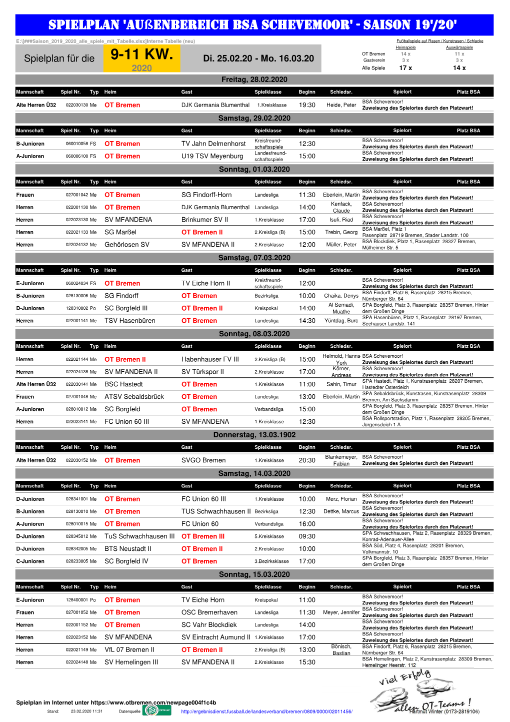 Spielplan 09-11. KW 2020