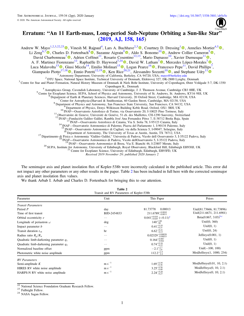 An 11 Earth-Mass, Long-Period Sub-Neptune Orbiting a Sun-Like Star” (2019, AJ, 158, 165)