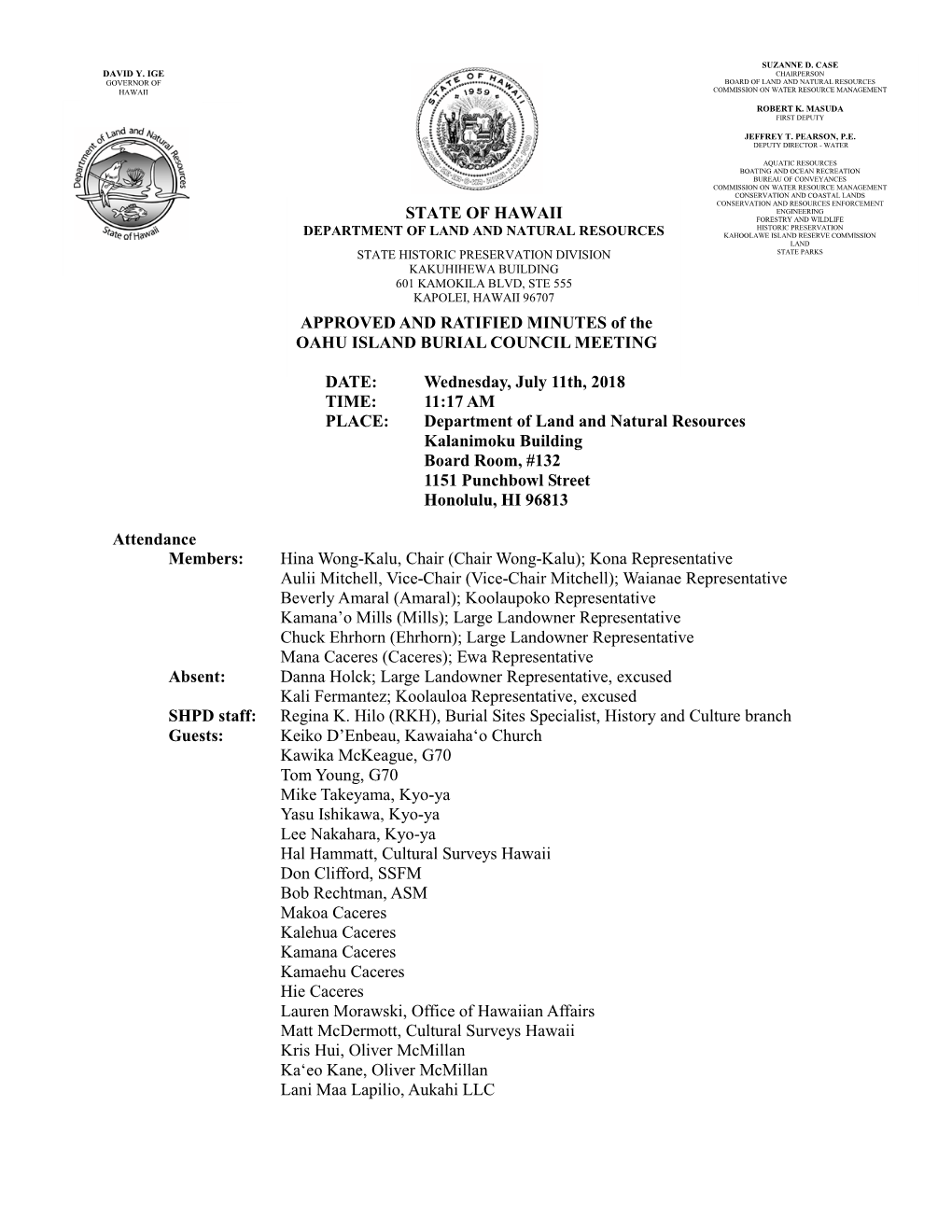 STATE of HAWAII APPROVED and RATIFIED MINUTES of the OAHU