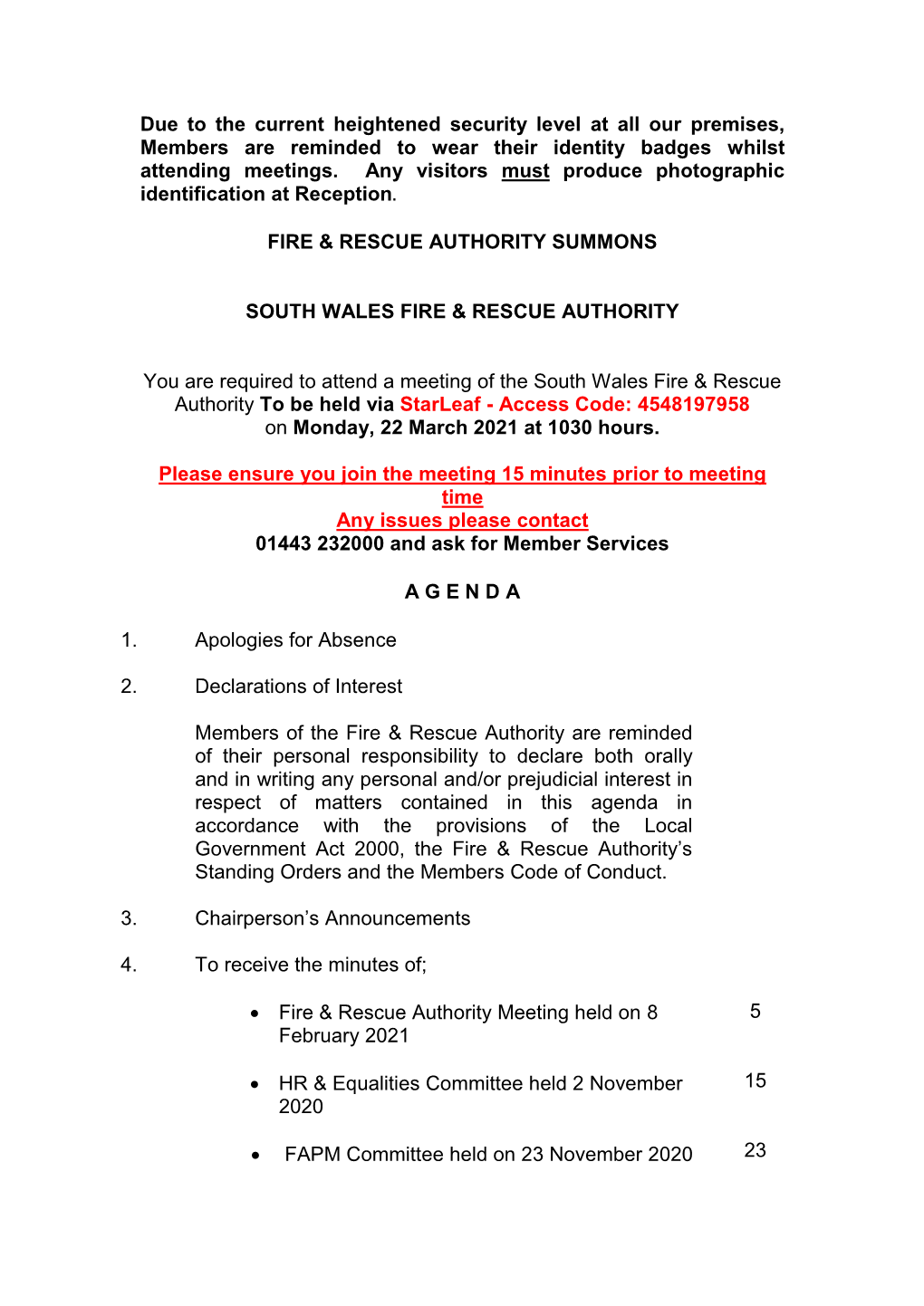 Fire & Rescue Authority Summons