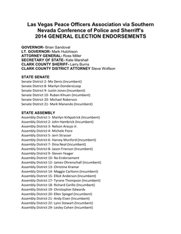 Las Vegas Peace Officers Association Via Southern Nevada Conference of Police and Sherriff’S 2014 GENERAL ELECTION ENDORSEMENTS