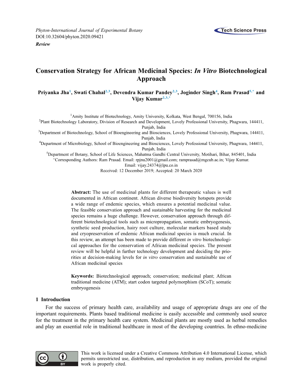 Conservation Strategy for African Medicinal Species: in Vitro Biotechnological Approach