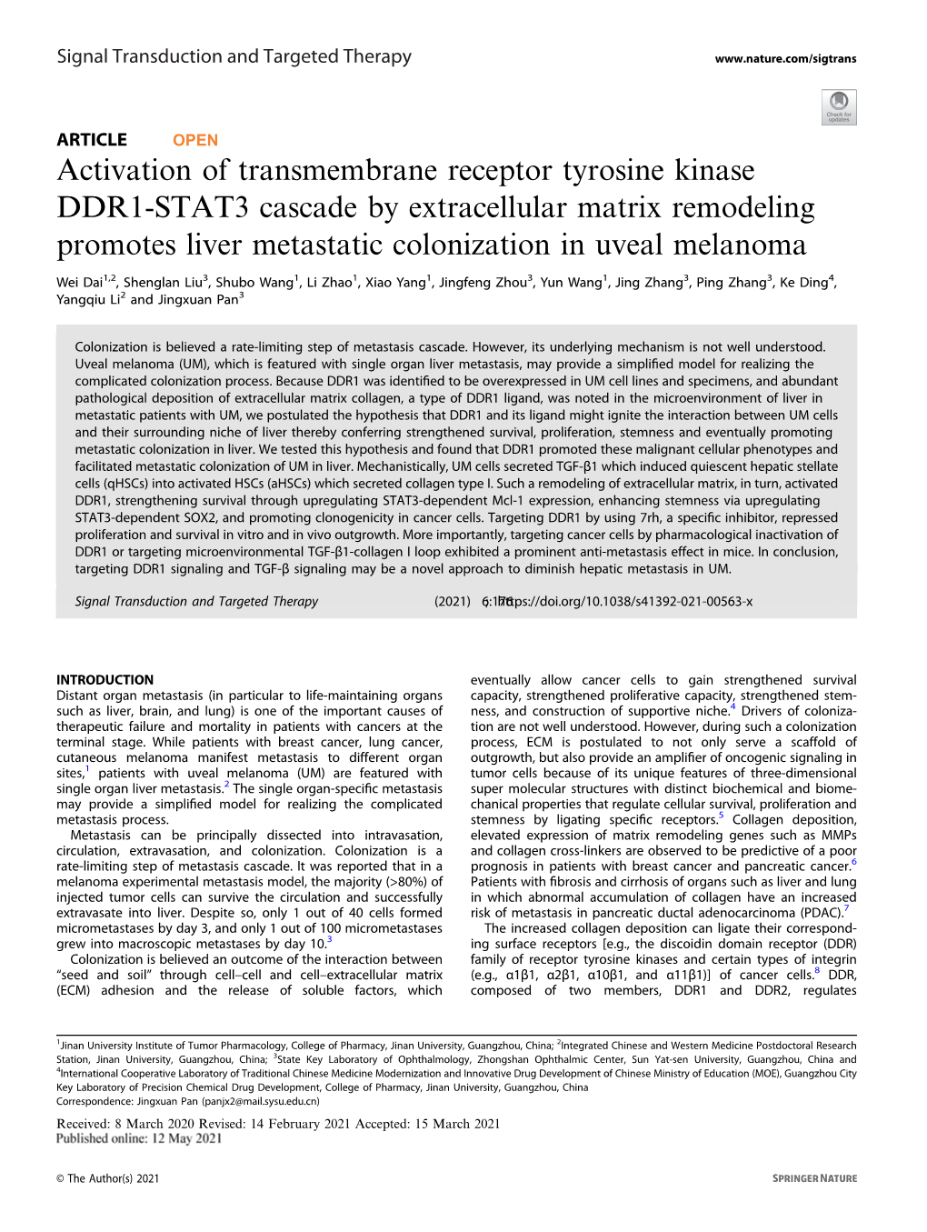 Activation of Transmembrane Receptor Tyrosine Kinase DDR1-STAT3 Cascade by Extracellular Matrix Remodeling Promotes Liver Metastatic Colonization in Uveal Melanoma