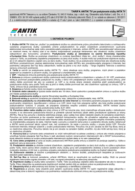 TARIFA ANTIK TV Pre Poskytovanie Služby ANTIK TV Spoločnosti ANTIK Telecom S.R.O