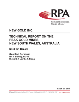 Technical Report on the Peak Gold Mines, New South Wales, Australia