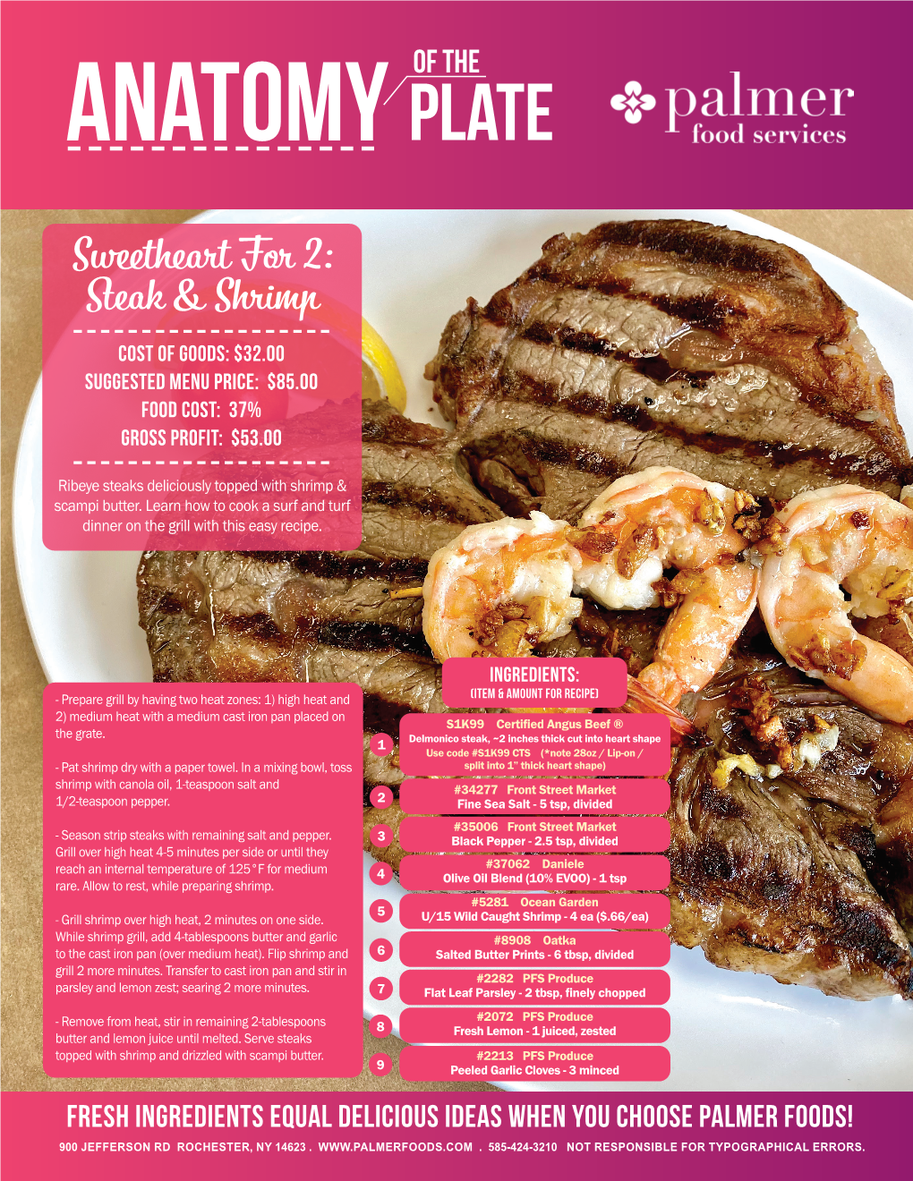 Sweetheart for 2: Steak & Shrimp Cost of Goods: $32.00 Suggested Menu Price: $85.00 Food Cost: 37% Gross Profit: $53.00