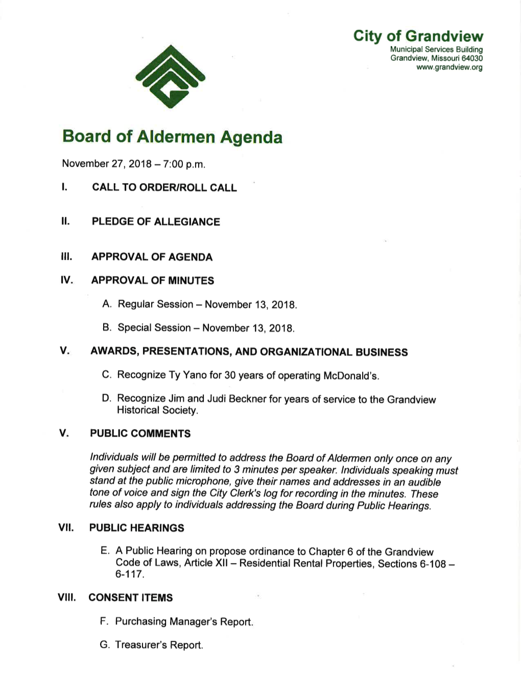 Board of Aldermen Agenda November 27,2018 - 7:00 P.M