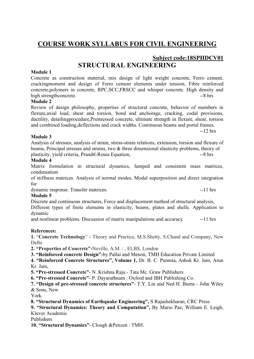 Course Work Syllabus for Civil Engineering