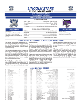 LINCOLN STARS 2020-21 GAME NOTES 25TH ANNIVERSARY SEASON Powered by BMW of LINCOLN GAME 17- STARS at TRI-CITY STORM GAME INFORMATION Date & Time
